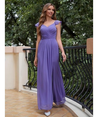 Women's Ruffle Sleeves Bridesmaid Dresses Long with Slit V Neck Chiffon Pleated Formal Wedding Evening Prom Gown Dusty Purple...