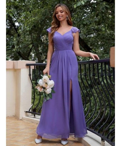 Women's Ruffle Sleeves Bridesmaid Dresses Long with Slit V Neck Chiffon Pleated Formal Wedding Evening Prom Gown Dusty Purple...