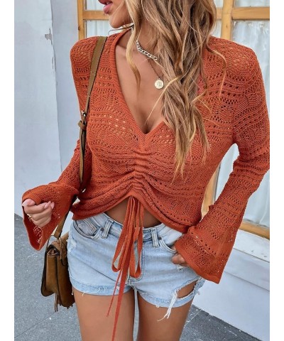 Women's Drawstring Crop Knit Top Long Sleeve V-Neck Sheer Crochet Ruched Pullover 2_brick Red $13.67 Sweaters