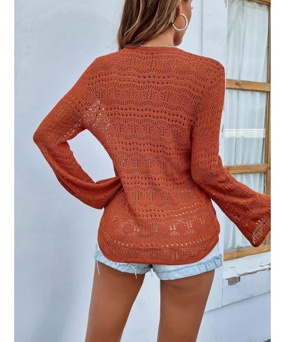 Women's Drawstring Crop Knit Top Long Sleeve V-Neck Sheer Crochet Ruched Pullover 2_brick Red $13.67 Sweaters