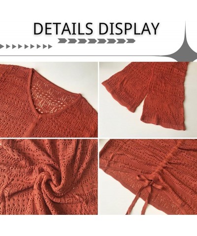 Women's Drawstring Crop Knit Top Long Sleeve V-Neck Sheer Crochet Ruched Pullover 2_brick Red $13.67 Sweaters