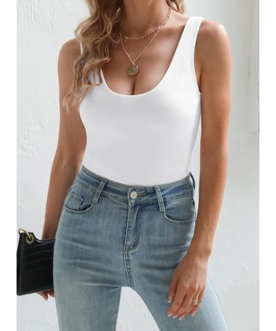 Womens Tank Top Scoop Neck Double Layer Slim Fit Sleeveless Basic Tops White $6.74 Tanks