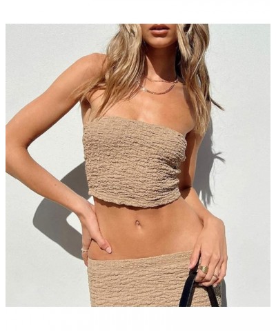 Women Y2K 2 Piece Long Skirt Set V Neck Halter Crop Top Off Shoulder Slim Fit Tube Top Split Maxi Skirts Outfit H-khaki Knit ...