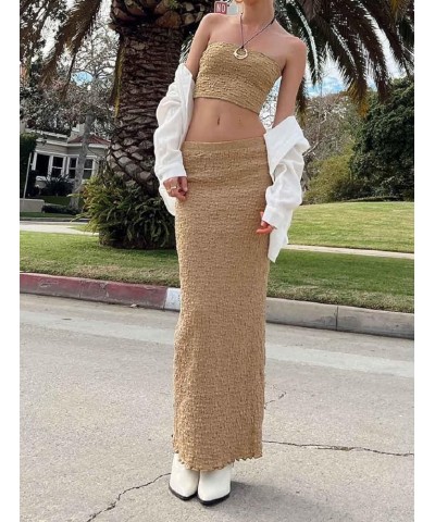 Women Y2K 2 Piece Long Skirt Set V Neck Halter Crop Top Off Shoulder Slim Fit Tube Top Split Maxi Skirts Outfit H-khaki Knit ...