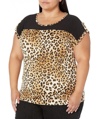 Women's Plus Size Color Block Roll Tap Top Cheeta Brown/Black $12.76 Blouses