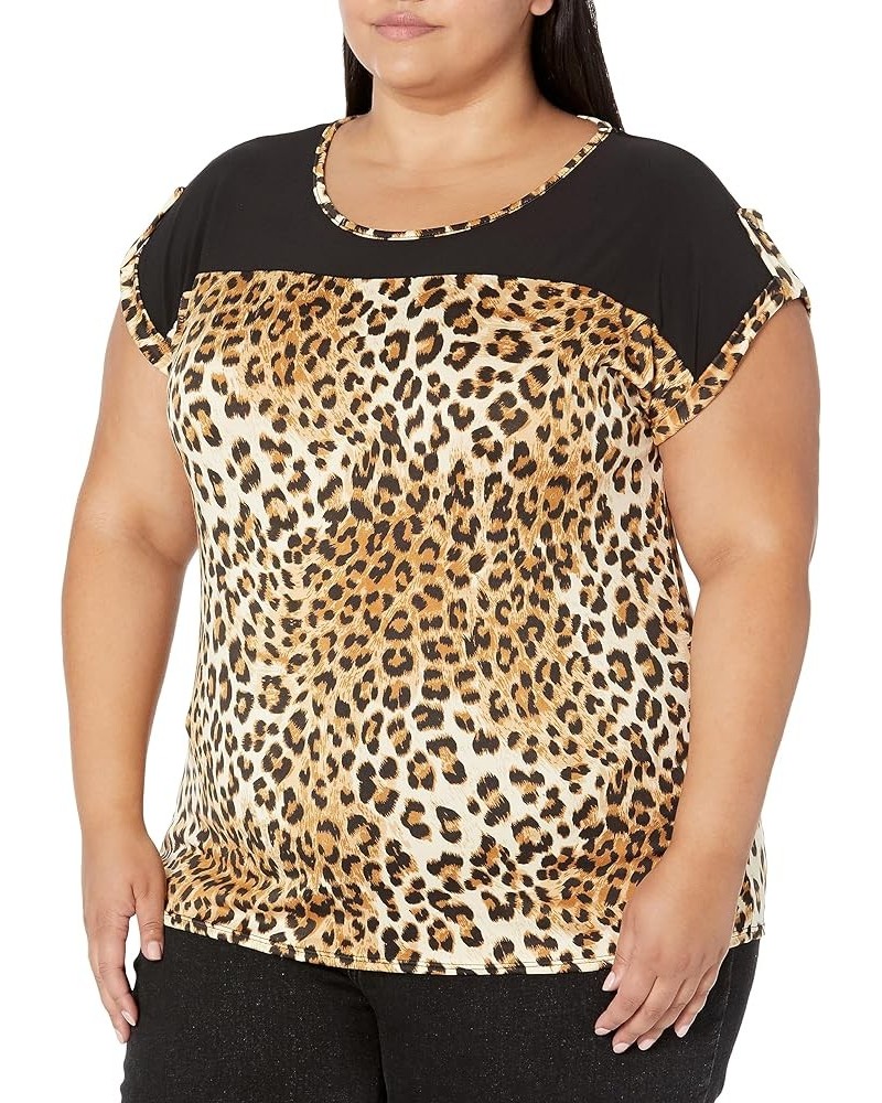 Women's Plus Size Color Block Roll Tap Top Cheeta Brown/Black $12.76 Blouses