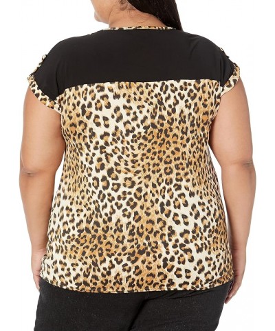 Women's Plus Size Color Block Roll Tap Top Cheeta Brown/Black $12.76 Blouses