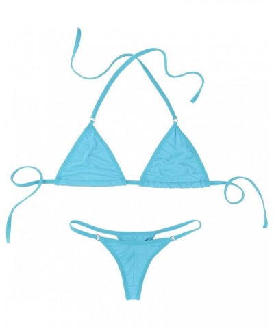 Women's Halterneck Micro Bra Top with G-String Briefs Thong Swimsuit 2Pcs Extreme Swimwear Light Blue $8.31 Swimsuits