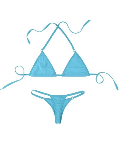 Women's Halterneck Micro Bra Top with G-String Briefs Thong Swimsuit 2Pcs Extreme Swimwear Light Blue $8.31 Swimsuits