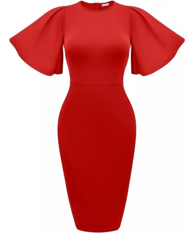 Women's Basic Bodycon Ruffle Flared Short Sleeve Pencil Midi Dress Red $18.19 Dresses