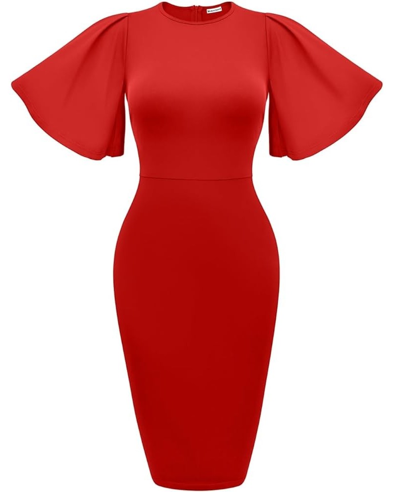 Women's Basic Bodycon Ruffle Flared Short Sleeve Pencil Midi Dress Red $18.19 Dresses