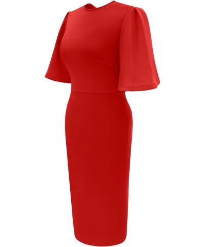 Women's Basic Bodycon Ruffle Flared Short Sleeve Pencil Midi Dress Red $18.19 Dresses