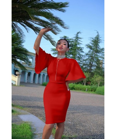 Women's Basic Bodycon Ruffle Flared Short Sleeve Pencil Midi Dress Red $18.19 Dresses