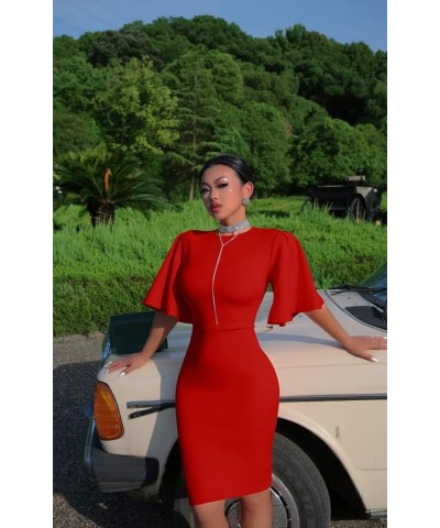 Women's Basic Bodycon Ruffle Flared Short Sleeve Pencil Midi Dress Red $18.19 Dresses