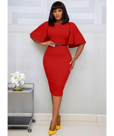 Women's Basic Bodycon Ruffle Flared Short Sleeve Pencil Midi Dress Red $18.19 Dresses