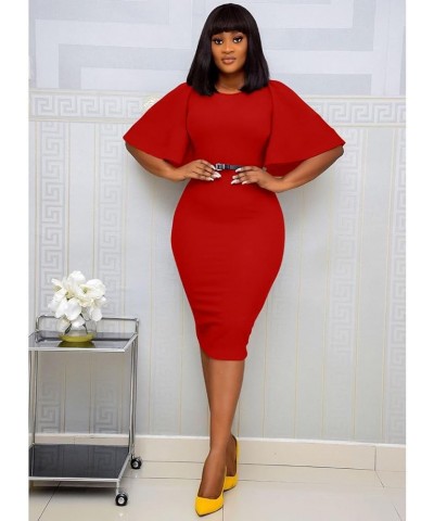 Women's Basic Bodycon Ruffle Flared Short Sleeve Pencil Midi Dress Red $18.19 Dresses