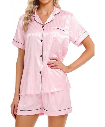 Womens Silky Satin Pajamas Set 2-piece Pjs Set Loungewear Short-Sleeve Nightwear Button Down Sleepwear Pink Style2-pinstriped...