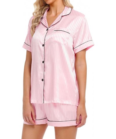 Womens Silky Satin Pajamas Set 2-piece Pjs Set Loungewear Short-Sleeve Nightwear Button Down Sleepwear Pink Style2-pinstriped...