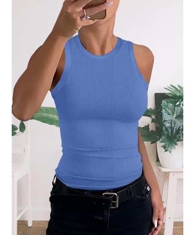 XIEERDUO Women's Tank Tops Ribbed Sleeveless Summer Shirts Round Neck Stretch 114-lightblue $13.99 Tanks