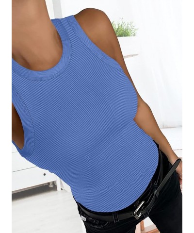 XIEERDUO Women's Tank Tops Ribbed Sleeveless Summer Shirts Round Neck Stretch 114-lightblue $13.99 Tanks