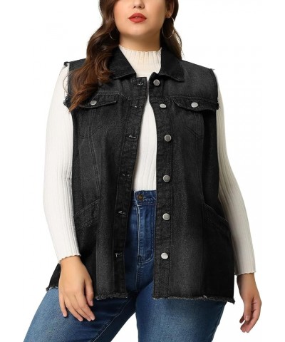 Denim Jackets for Women 2024 Plus Size Button Front Lapel Frayed Washed Sleeveless Long Jean Vest Black $24.30 Vests