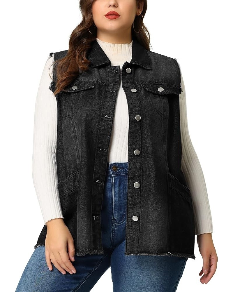 Denim Jackets for Women 2024 Plus Size Button Front Lapel Frayed Washed Sleeveless Long Jean Vest Black $24.30 Vests