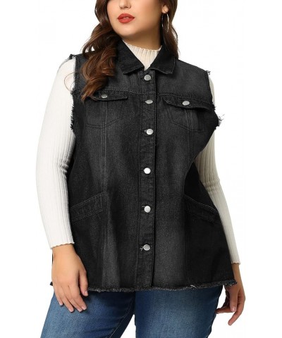 Denim Jackets for Women 2024 Plus Size Button Front Lapel Frayed Washed Sleeveless Long Jean Vest Black $24.30 Vests