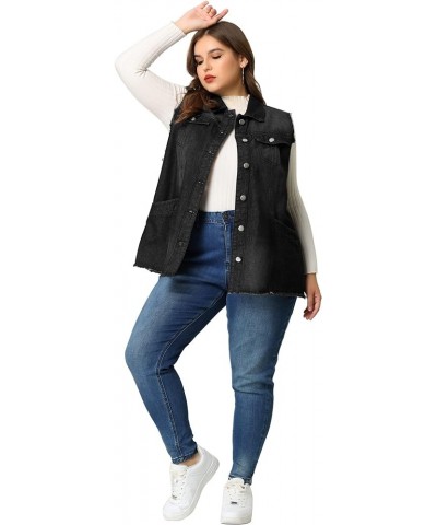 Denim Jackets for Women 2024 Plus Size Button Front Lapel Frayed Washed Sleeveless Long Jean Vest Black $24.30 Vests