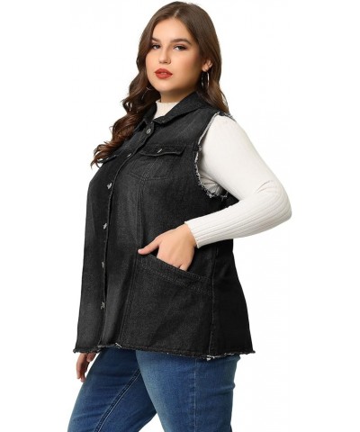 Denim Jackets for Women 2024 Plus Size Button Front Lapel Frayed Washed Sleeveless Long Jean Vest Black $24.30 Vests