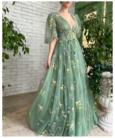 Women’s Puffy Sleeve Prom Dresses Floral Tulle Evening Party Gowns Flower Embroidered Sweet 16 Ball Gown E-white $25.49 Dresses