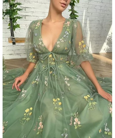 Women’s Puffy Sleeve Prom Dresses Floral Tulle Evening Party Gowns Flower Embroidered Sweet 16 Ball Gown E-white $25.49 Dresses