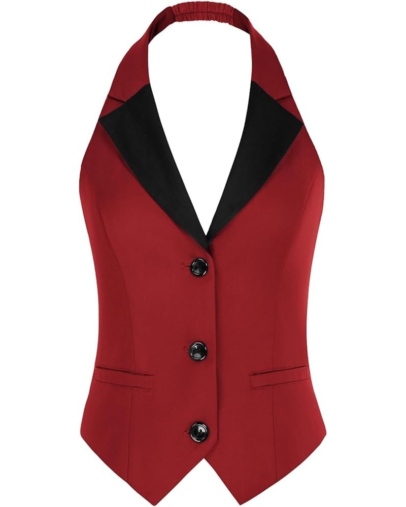 Women's Waistcoat Vest Vintage Halter Lapel Button Down Suit Vest with Pockets Red $22.67 Vests