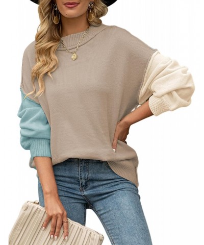 Womens 2023 Fall Oversized Sweaters Color Block Batwing Sleeve Crewneck Knit Pullover Casual Ribbed Jumper Tops(Khaki-L) $8.0...