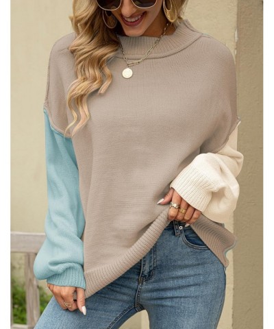 Womens 2023 Fall Oversized Sweaters Color Block Batwing Sleeve Crewneck Knit Pullover Casual Ribbed Jumper Tops(Khaki-L) $8.0...