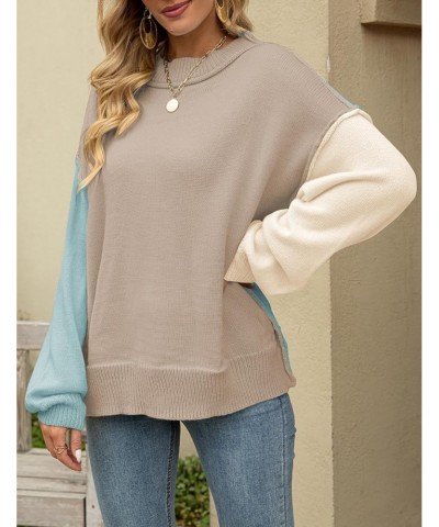 Womens 2023 Fall Oversized Sweaters Color Block Batwing Sleeve Crewneck Knit Pullover Casual Ribbed Jumper Tops(Khaki-L) $8.0...