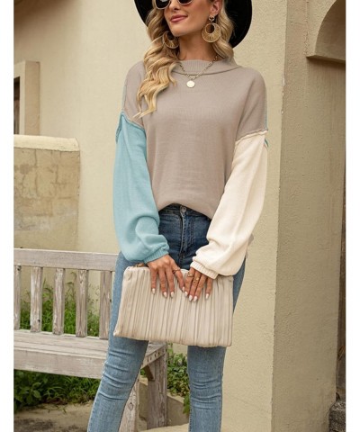 Womens 2023 Fall Oversized Sweaters Color Block Batwing Sleeve Crewneck Knit Pullover Casual Ribbed Jumper Tops(Khaki-L) $8.0...