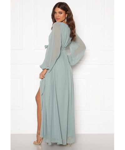 Long Sleeve Chiffon Spilt Bridesmaid Dresses V-Neck Pleated Formal Evening Gowns with Belt CYM042 Light Blue $35.74 Dresses