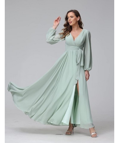 Long Sleeve Chiffon Spilt Bridesmaid Dresses V-Neck Pleated Formal Evening Gowns with Belt CYM042 Light Blue $35.74 Dresses