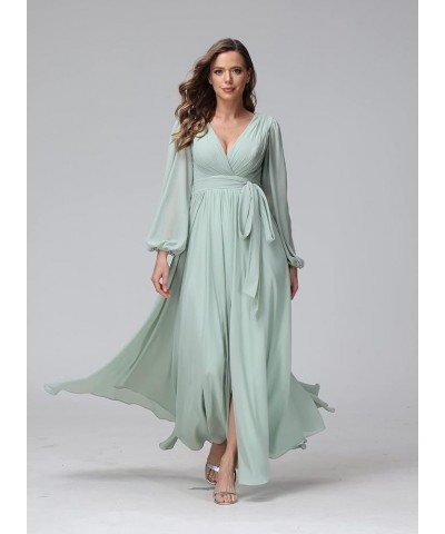 Long Sleeve Chiffon Spilt Bridesmaid Dresses V-Neck Pleated Formal Evening Gowns with Belt CYM042 Light Blue $35.74 Dresses