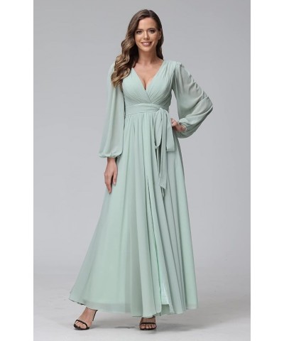 Long Sleeve Chiffon Spilt Bridesmaid Dresses V-Neck Pleated Formal Evening Gowns with Belt CYM042 Light Blue $35.74 Dresses