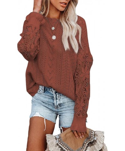 Womens Crewneck Crochet Lace Long Sleeve Hollow Out Cable Knit Pullover Sweaters Tops A Dark Orange $21.15 Sweaters