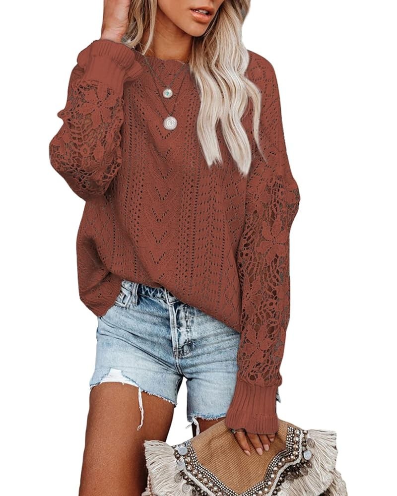 Womens Crewneck Crochet Lace Long Sleeve Hollow Out Cable Knit Pullover Sweaters Tops A Dark Orange $21.15 Sweaters