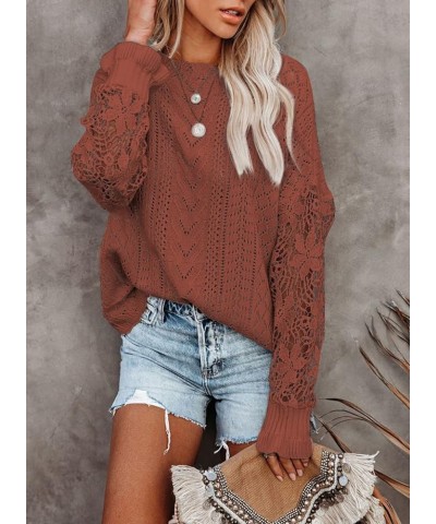 Womens Crewneck Crochet Lace Long Sleeve Hollow Out Cable Knit Pullover Sweaters Tops A Dark Orange $21.15 Sweaters