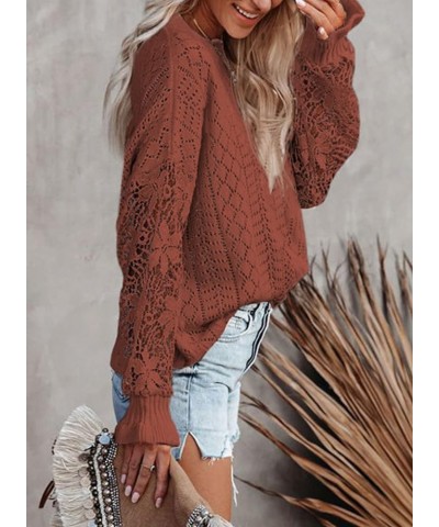 Womens Crewneck Crochet Lace Long Sleeve Hollow Out Cable Knit Pullover Sweaters Tops A Dark Orange $21.15 Sweaters