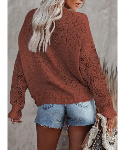 Womens Crewneck Crochet Lace Long Sleeve Hollow Out Cable Knit Pullover Sweaters Tops A Dark Orange $21.15 Sweaters