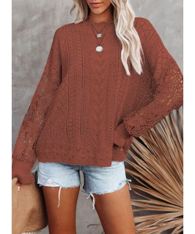 Womens Crewneck Crochet Lace Long Sleeve Hollow Out Cable Knit Pullover Sweaters Tops A Dark Orange $21.15 Sweaters