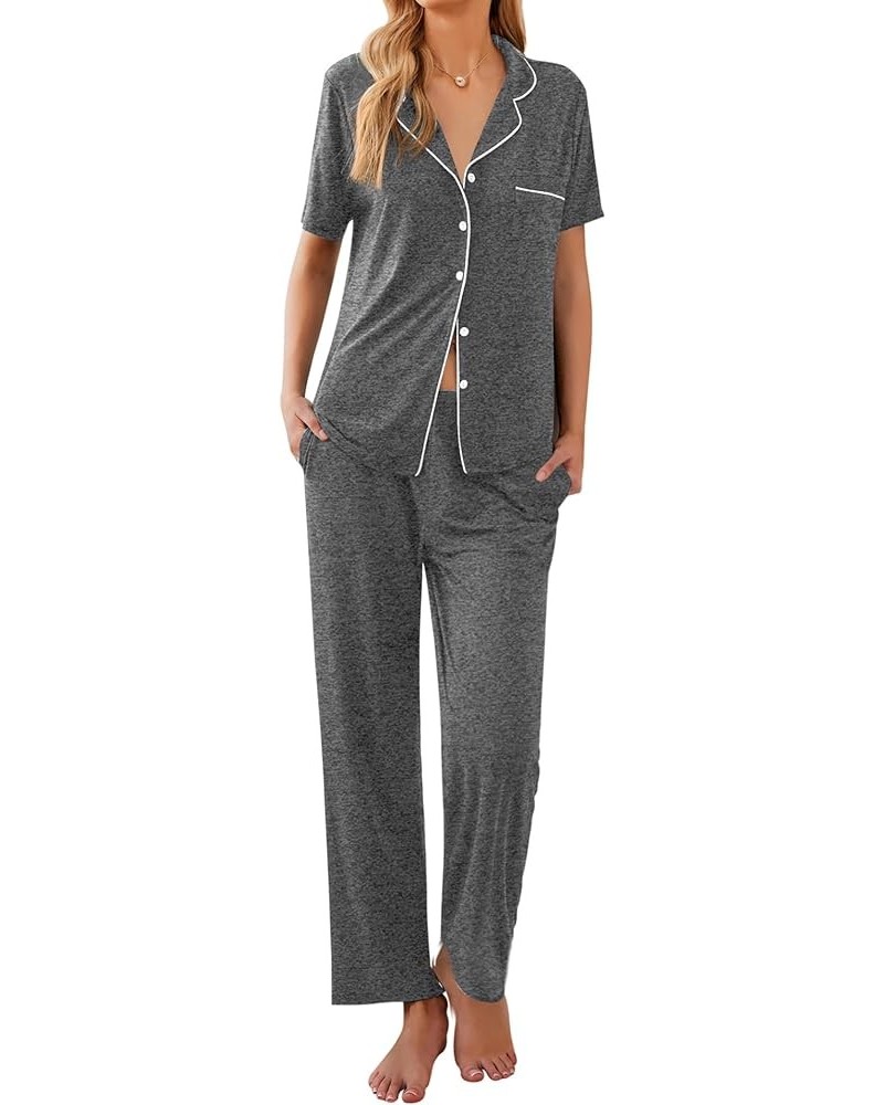 Women Pajamas Set Button Down Sleepwear Short Sleeve Nightwear with Long Pants Soft Pjs Set with Pockets S-XXL Grey2 $21.31 L...