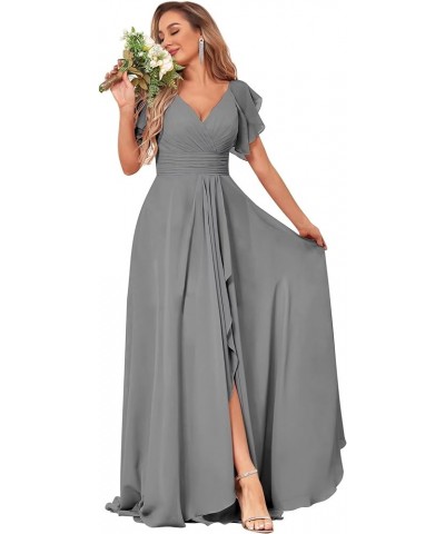 Flutter Sleeve A Line Bridesmaid Dresses Long Chiffon V Neck Women's Formal Dresses with Pockets Grey $22.55 Dresses