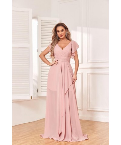 Flutter Sleeve A Line Bridesmaid Dresses Long Chiffon V Neck Women's Formal Dresses with Pockets Grey $22.55 Dresses