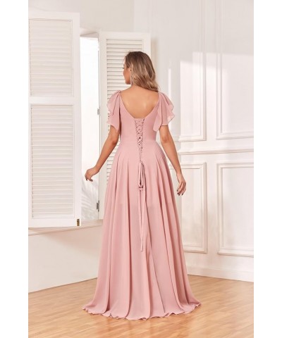 Flutter Sleeve A Line Bridesmaid Dresses Long Chiffon V Neck Women's Formal Dresses with Pockets Grey $22.55 Dresses